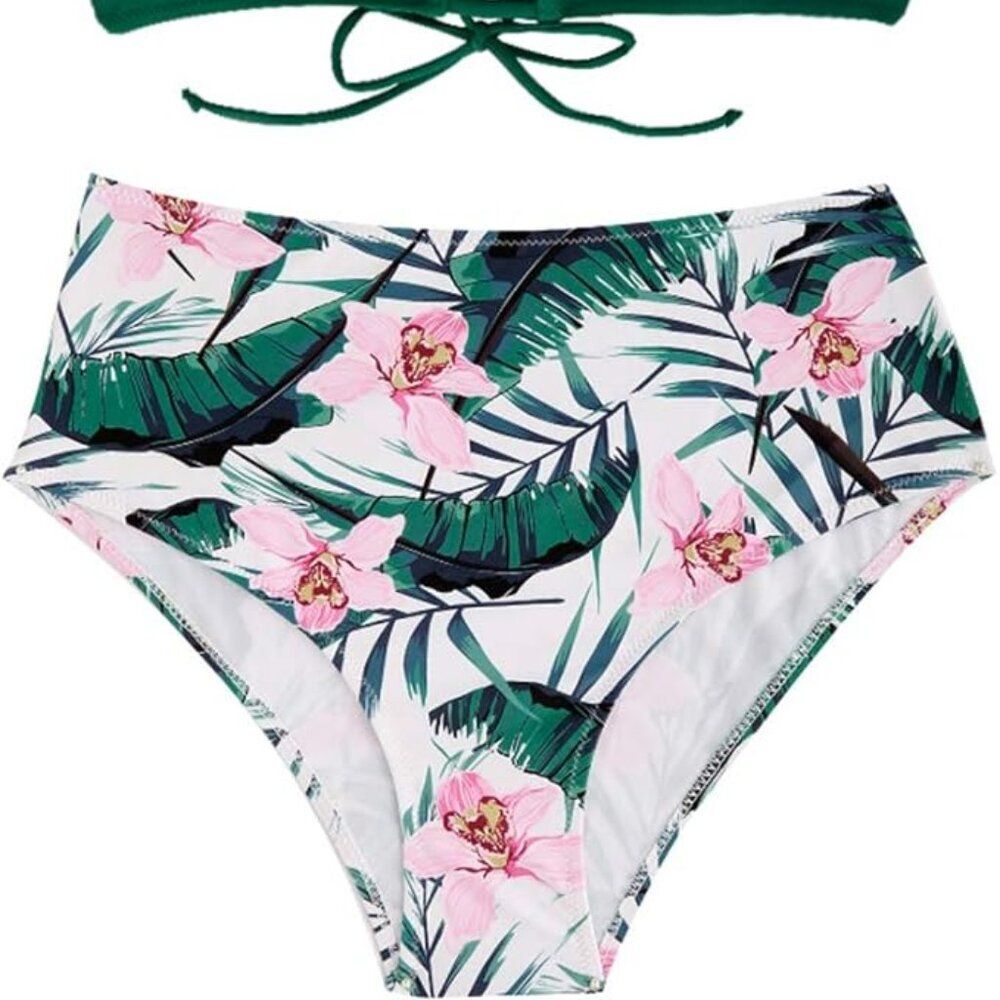 TEMPTME green floral lace up high waisted 2-piece swimsuit bikini NEW, size M - Picture 8 of 15